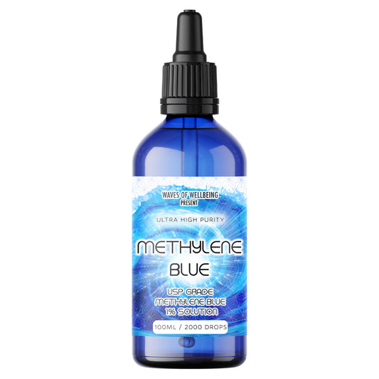 100ml Bottle of Methylene Blue solution with blue label on a white background waves of wellbeing