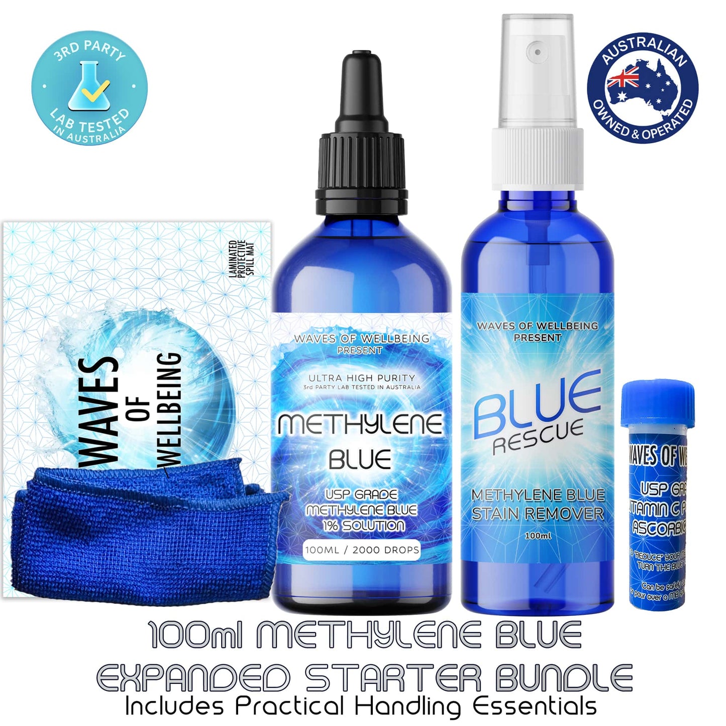 Collection of Methylene Blue products including bottles and a towel on a white background.