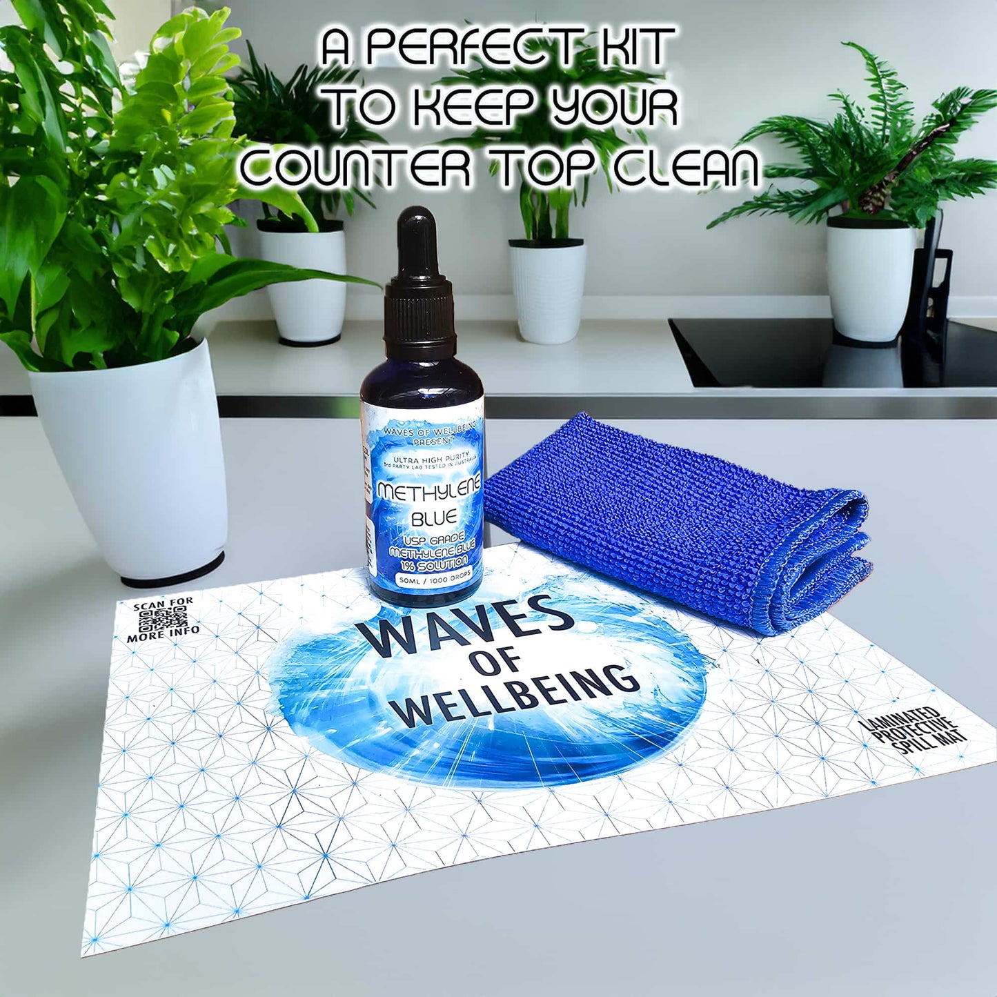 50ml Methylene Blue Starter Kit shown on kitchen bench with spill mat and bottle in a home setting
