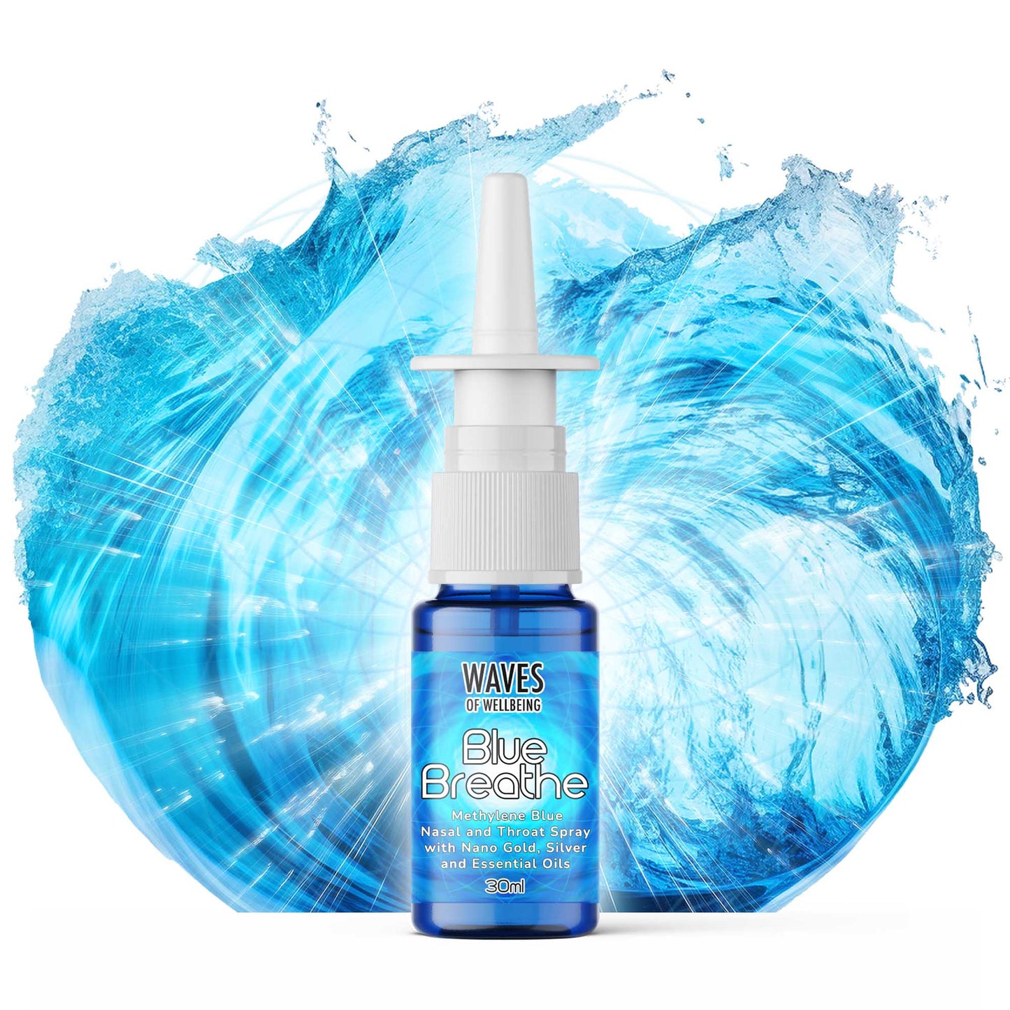 Waves of Wellbeing Blue Breathe nasal and throat spray bottle with a white atomizer, featuring methylene blue, nano gold, silver, and essential oils, set against a vibrant splash of swirling blue water.
