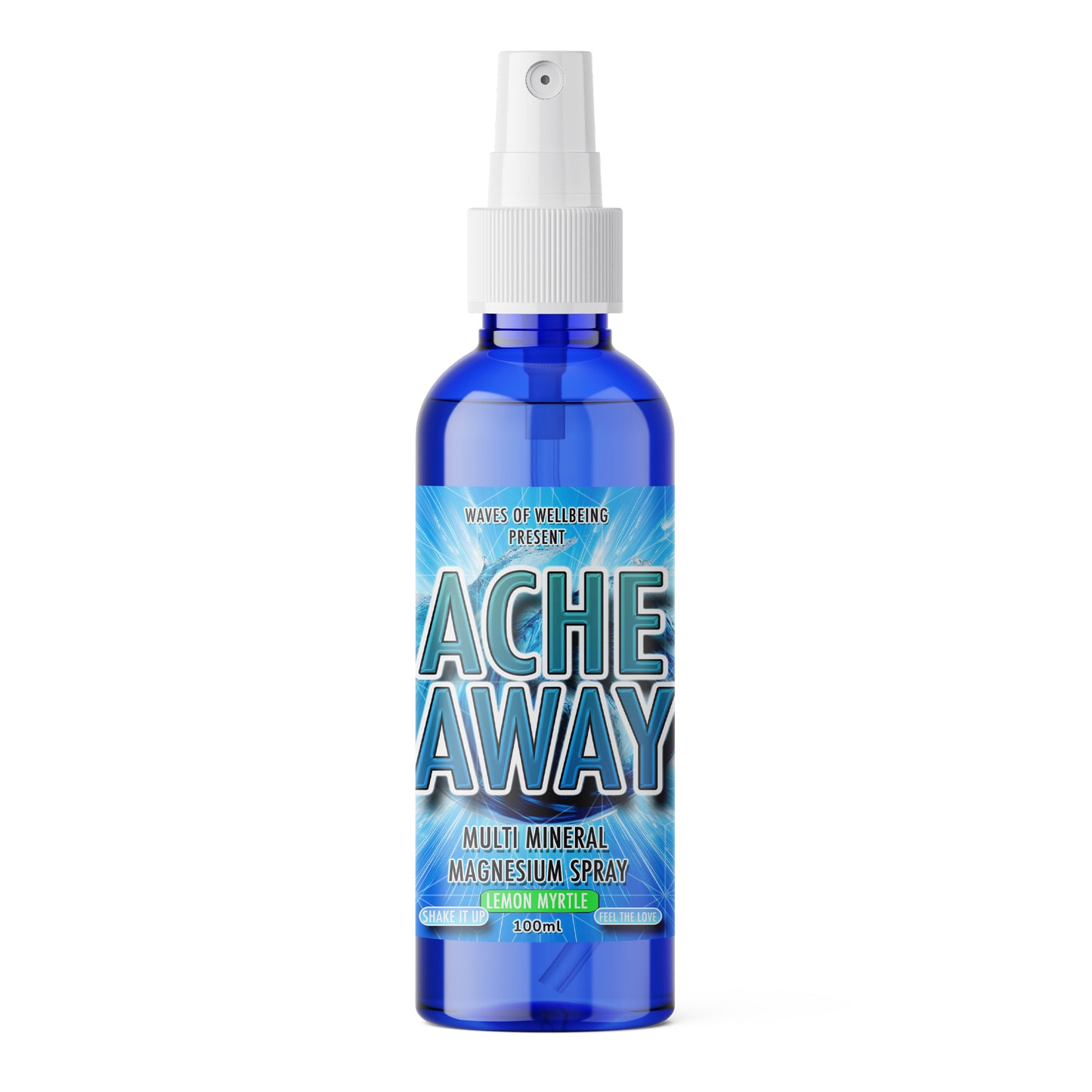 Blue spray bottle labeled 'Ache Away' on a white background