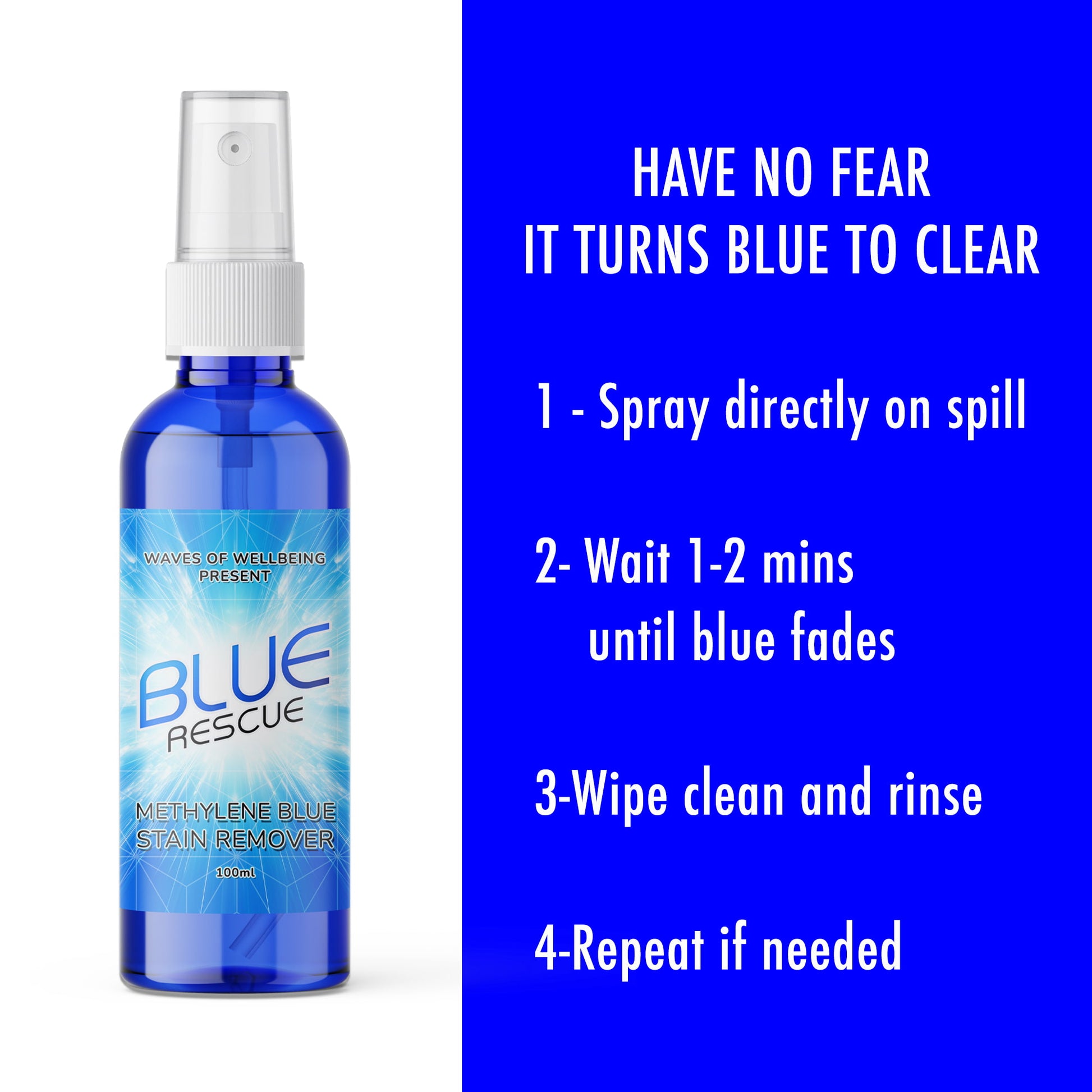 Step-by-step directions for using Blue Rescue: spray on methylene blue spill, wait, wipe, rinse, and repeat if needed