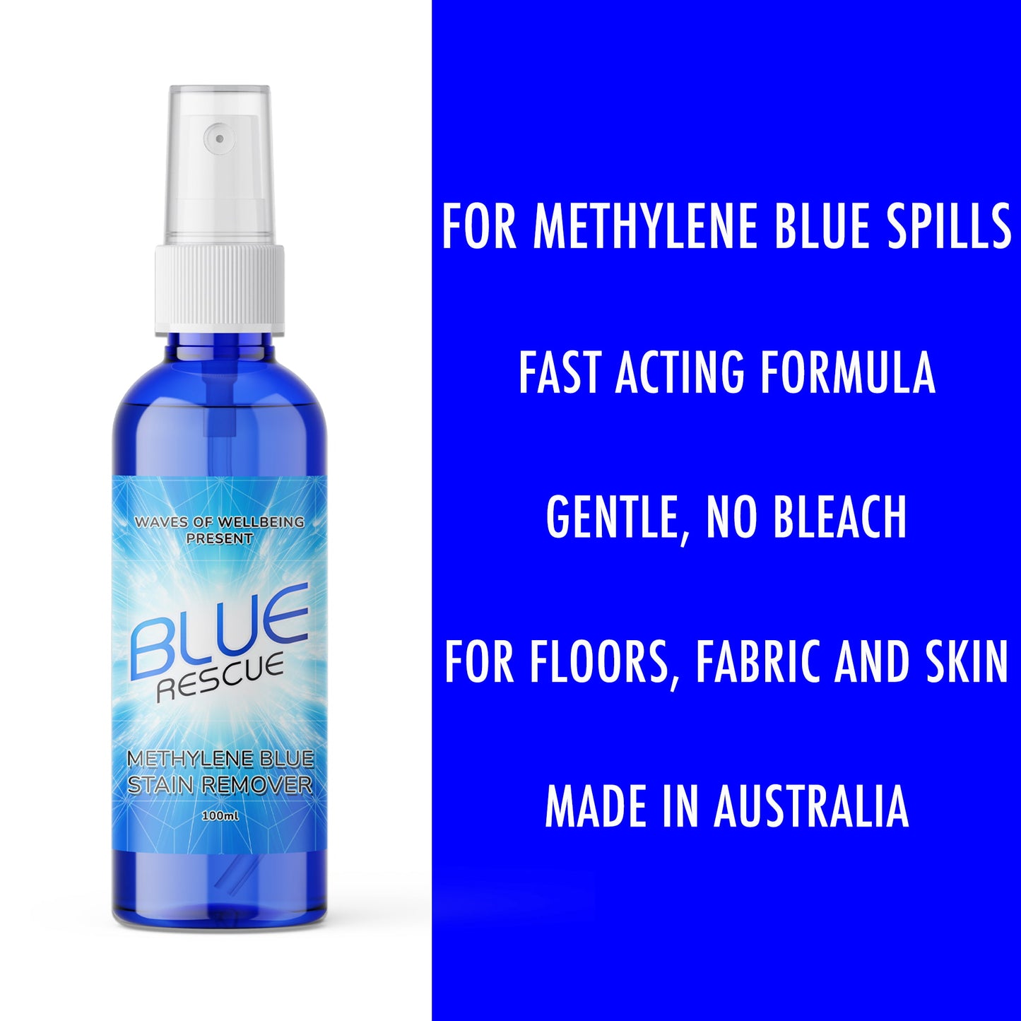 Blue Rescue Methylene Blue Stain Remover highlighting fast-acting, bleach-free formula safe for skin, fabric, and floors – made in Australia