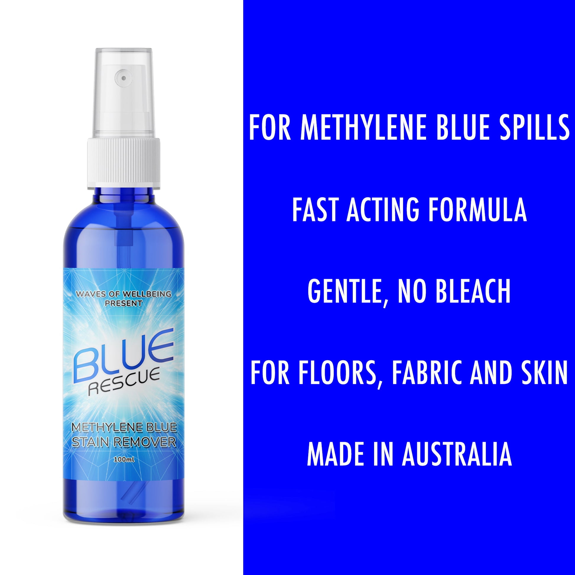 Blue Rescue Methylene Blue Stain Remover highlighting fast-acting, bleach-free formula safe for skin, fabric, and floors – made in Australia