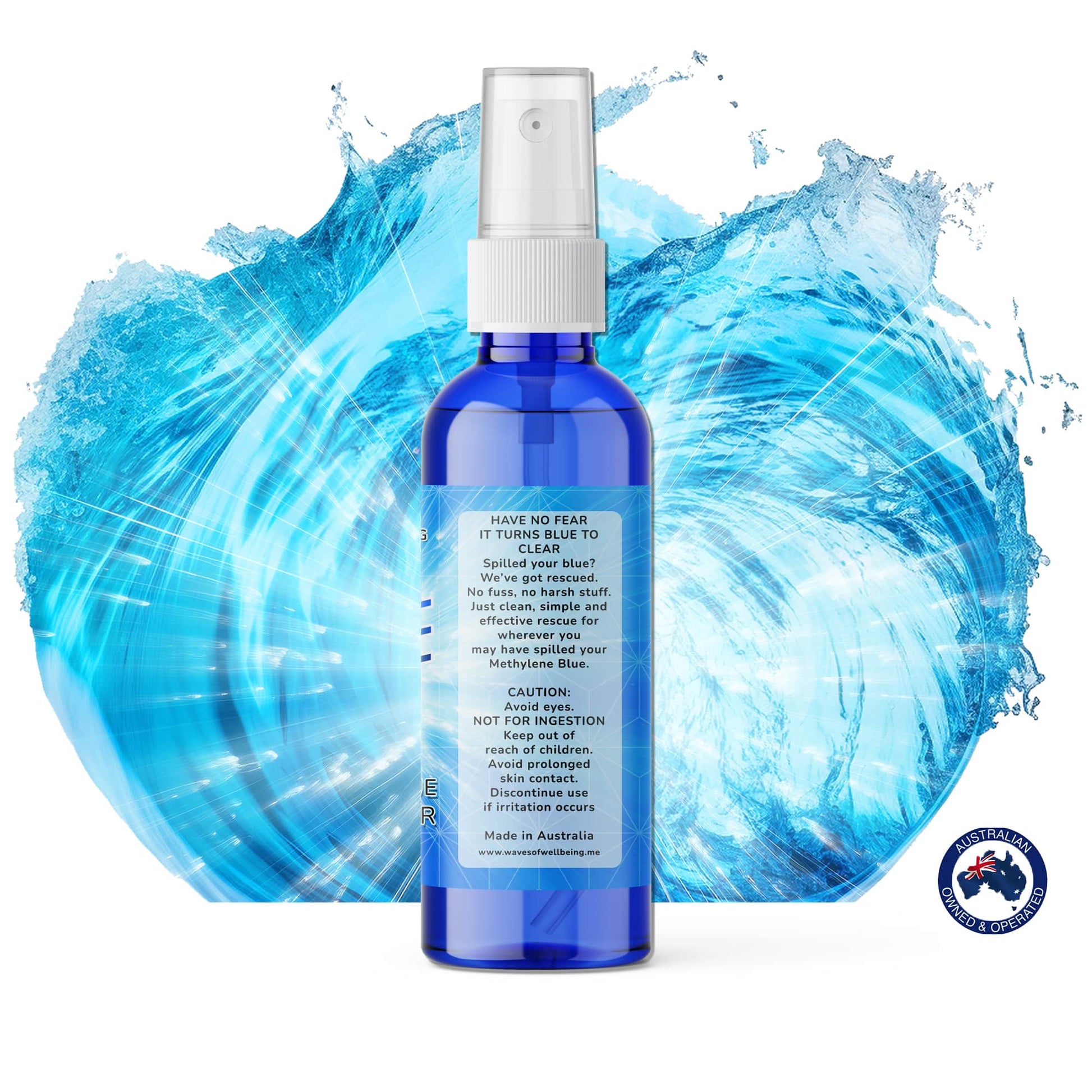 Side label of Blue Rescue Methylene Blue Stain Remover with caution text and product tagline: “It turns blue to clear.”