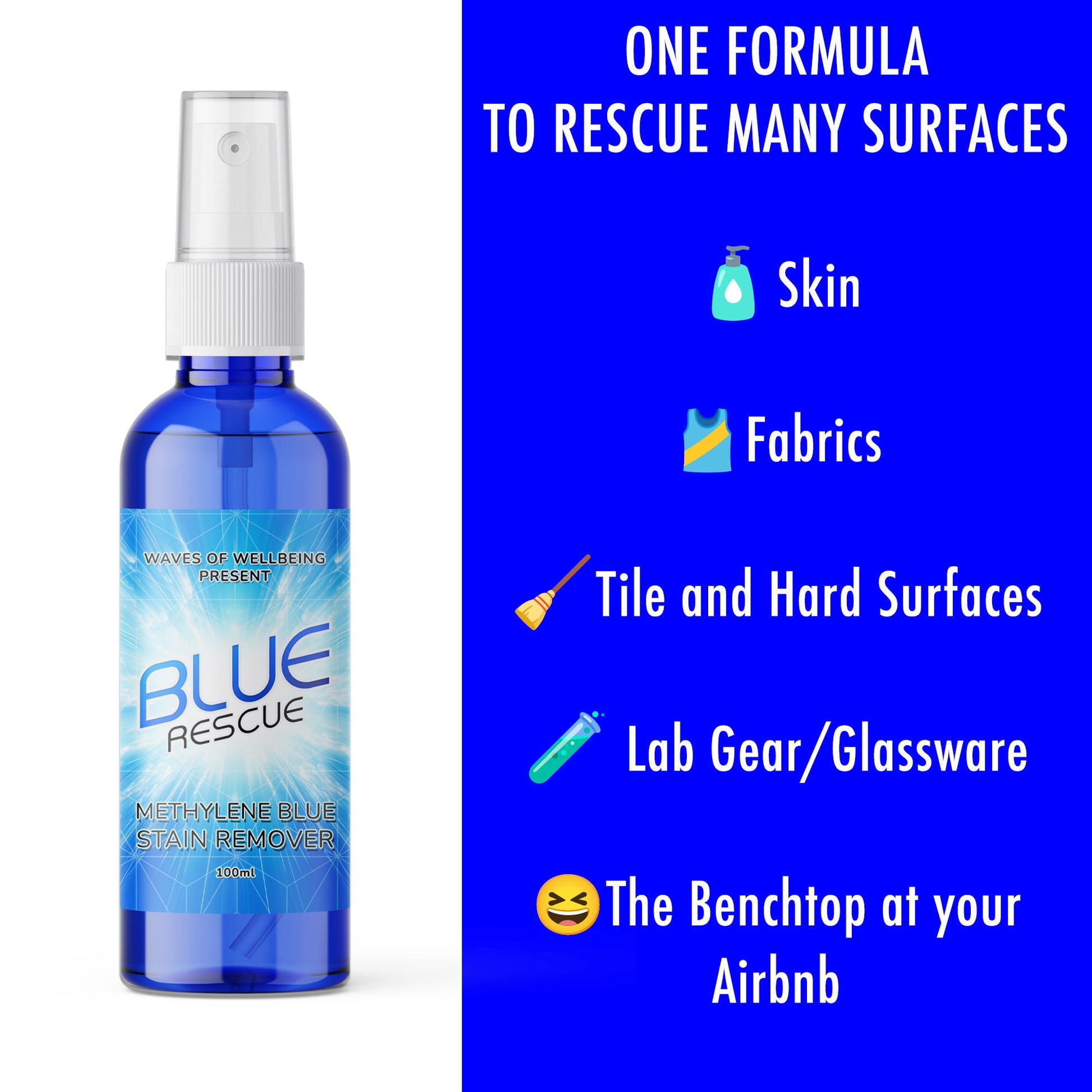 One formula, many surfaces – Blue Rescue safe for skin, fabrics, tiles, glassware, and even rental benchtops