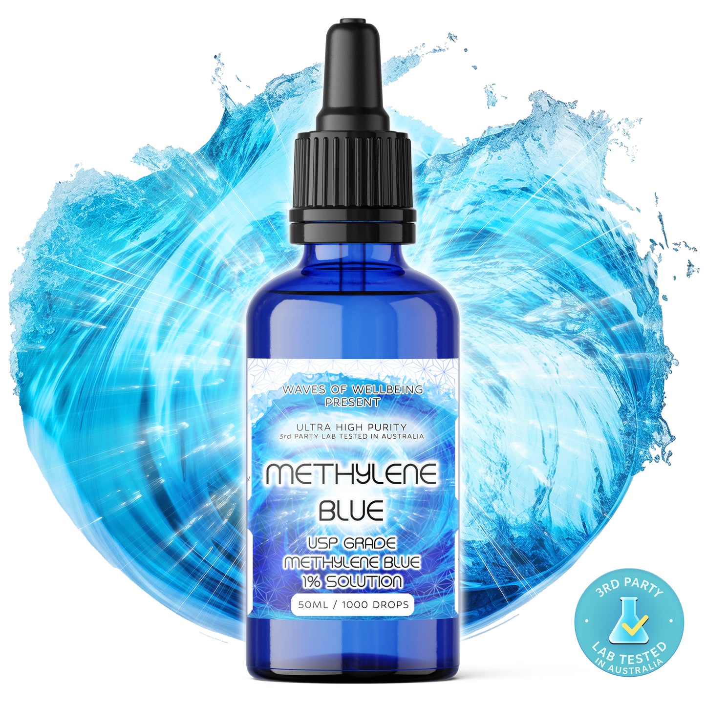 50ml Methylene Blue 1% Solution – Front bottle view with dropper.