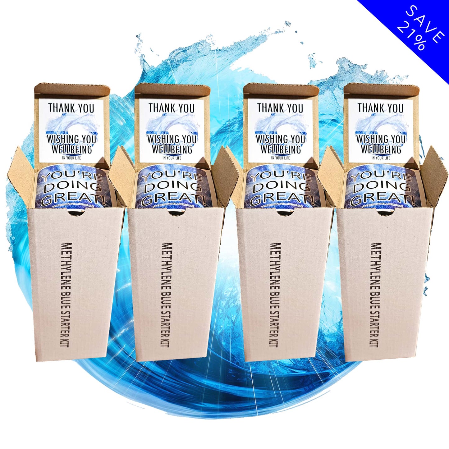 Methylene Blue Starter Kit – 4 x 50ml bottles – cellular repair and nootropic supplement in gift presentation packaging