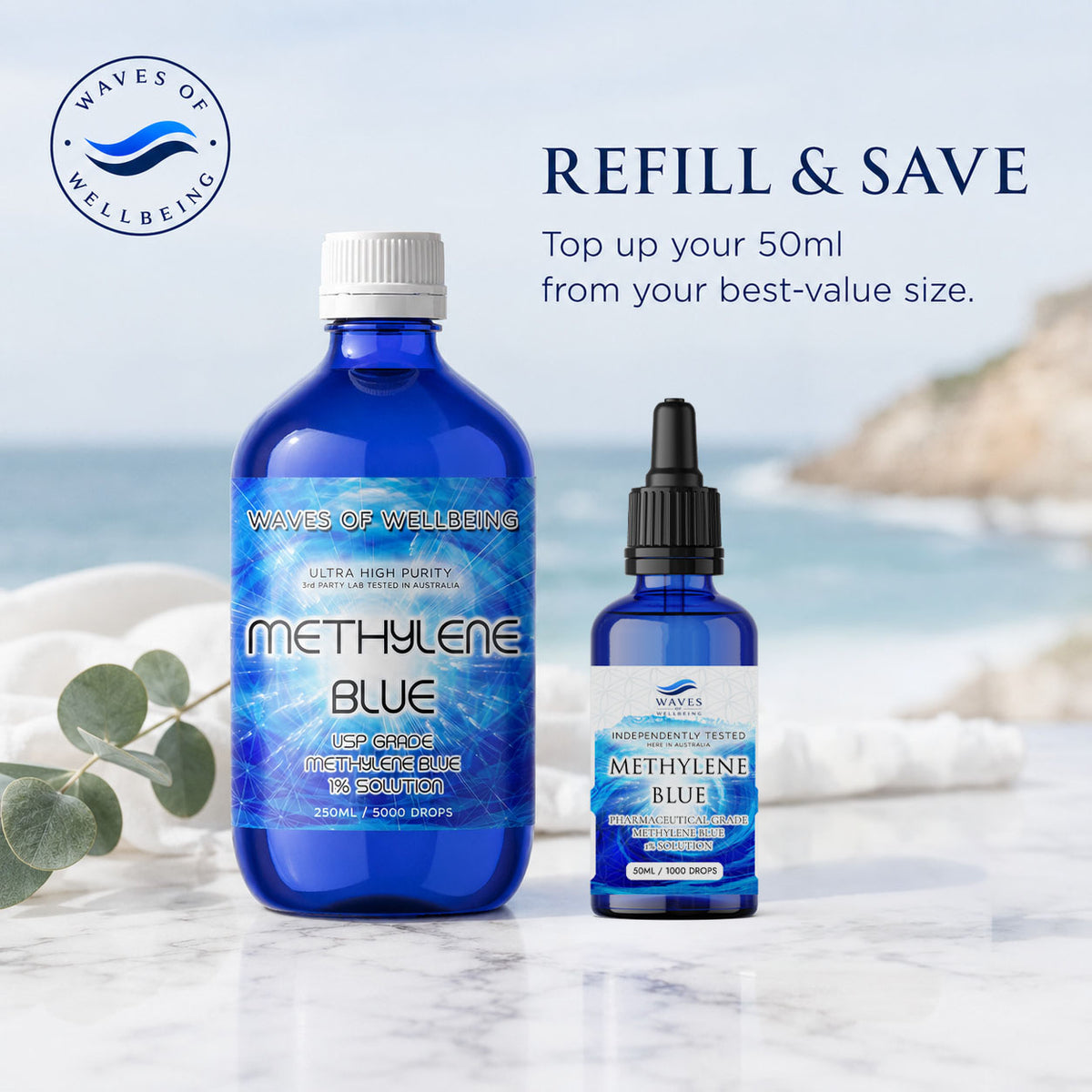 Waves of Wellbeing 250ml Methylene Blue size comparison with the 50ml bottle