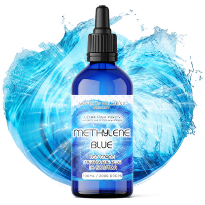 100ml Methylene Blue bottle front-facing showing full product label and vibrant blue aura