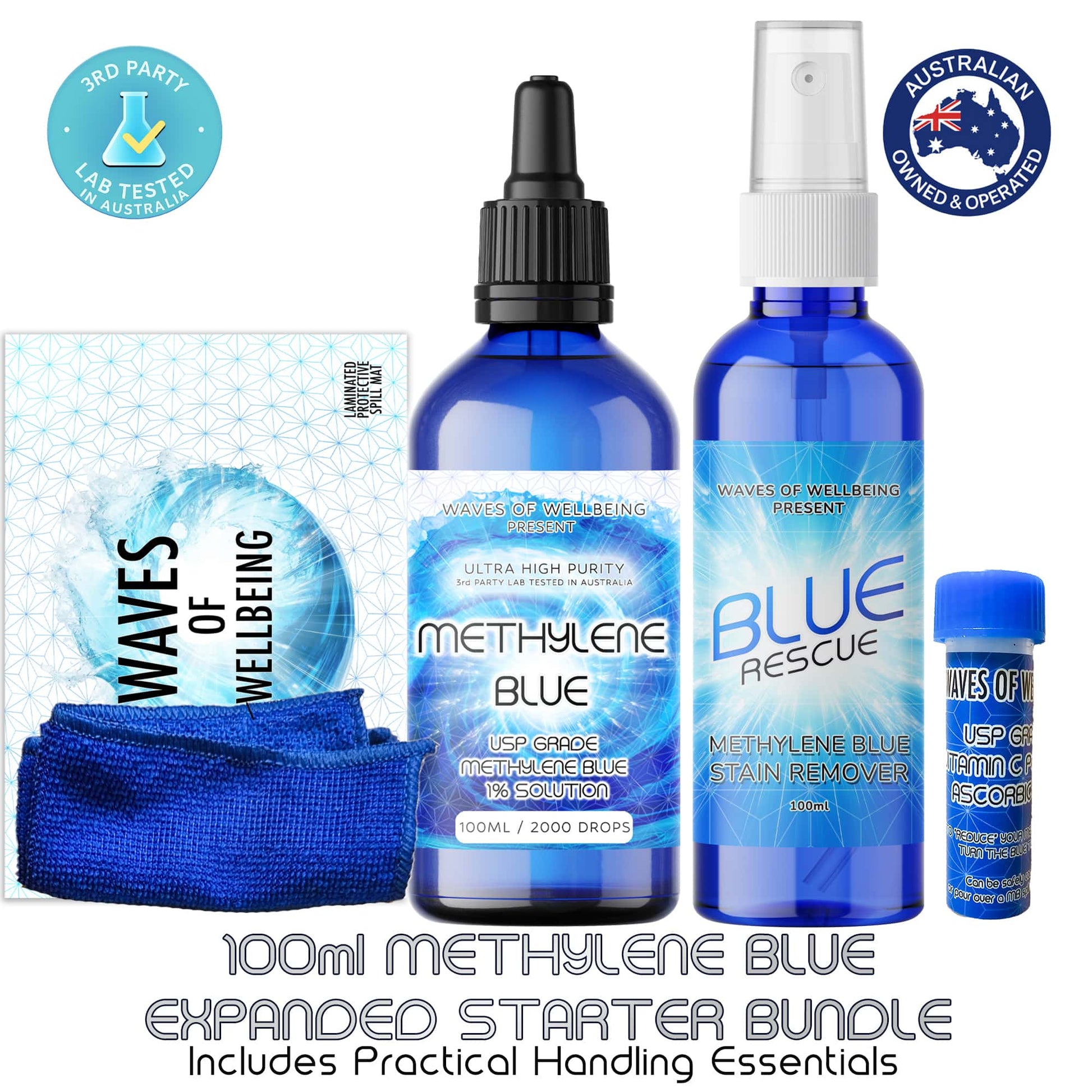 Collection of Methylene Blue products including bottles and a towel on a white background.