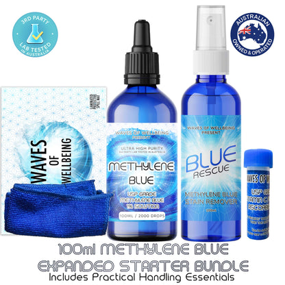 Collection of Methylene Blue products including bottles and a towel on a white background.