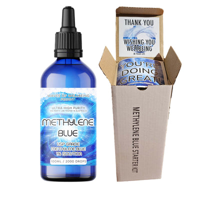 Methylen Blue bottle and starter kit with  on a white background waves of wellbeing
