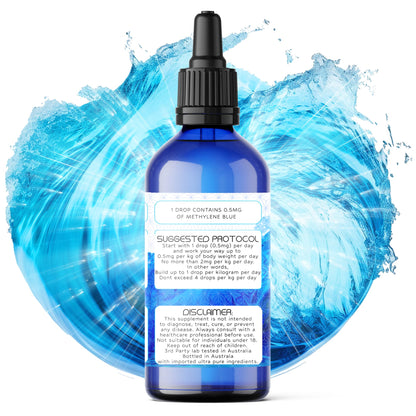 100ml Methylene Blue bottle angled left in front of a blue molecular swirl background