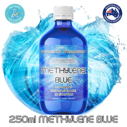 Front view of Waves of Wellbeing 250ml Methylene Blue 1% Solution bottle with clean blue water background