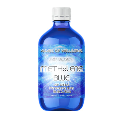 250ml Blue bottle labeled 'Methylene Blue' with white cap on a white background waves of wellbeing
