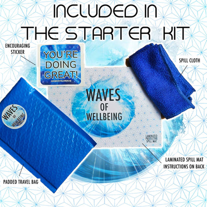 Contents of 50ml Methylene Blue Starter Kit including bottle, spill mat, cloth, pouch, and instruction card