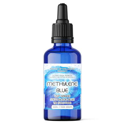 Blue bottle labeled 'Methylene Blue' on a white background waves of wellbeing