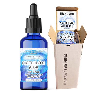 Blue bottle labeled 'Methylene Blue' with starter kit packaging on a white background waves of wellbeing