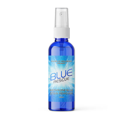 Blue Rescue methylene blue stain remover bottle on a white background Waves of Wellbeing