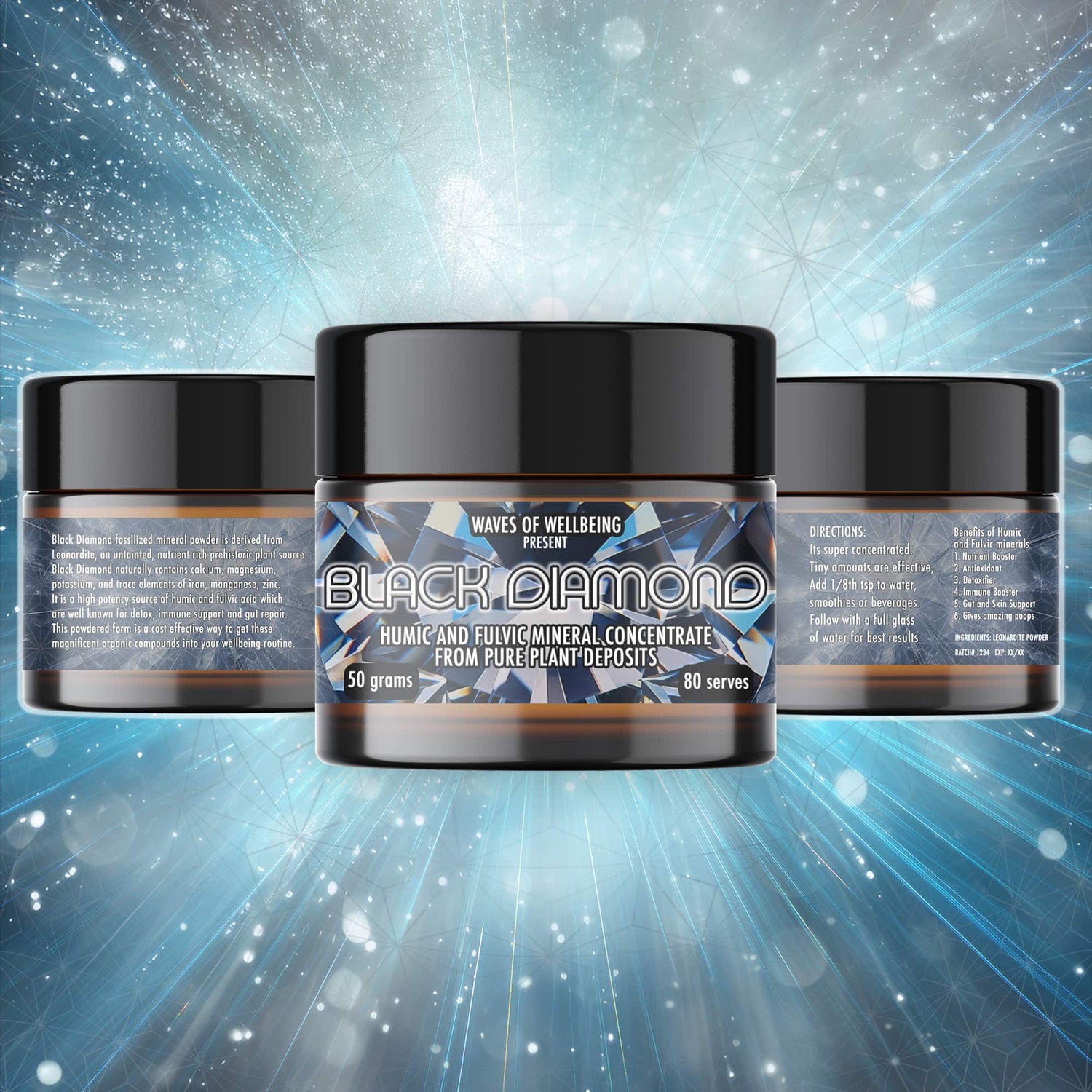 10 jars of Black Diamond humic and fulvic mineral concentrate – bulk value pack for long-term wellness or family use.

