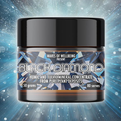 Front view of Black Diamond humic and fulvic mineral concentrate jar with branded label design.