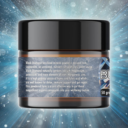 Left side of Black Diamond jar showing ingredient list and nutritional information.