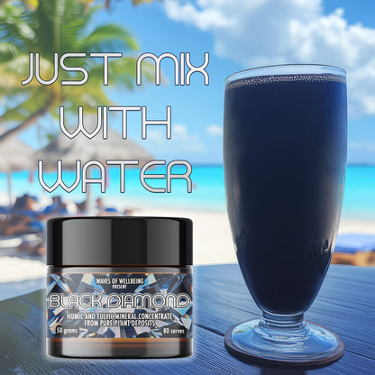 Black Diamond mineral concentrate mixed with water in a glass – easy daily dose of humic and fulvic minerals.