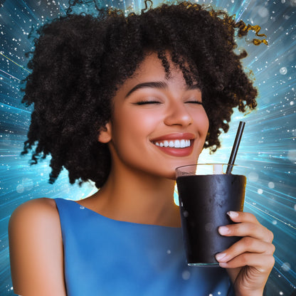 Happy woman with Black Diamond drink – energizing wellness powered by nature’s minerals.