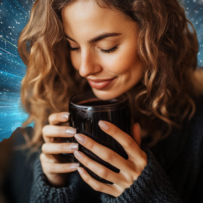 Woman enjoying Black Diamond in a drink – supports daily wellness with easy mixing.