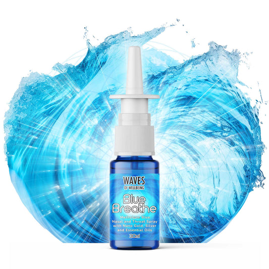 Waves of Wellbeing Blue Breathe nasal and throat spray bottle with a white atomizer, featuring methylene blue, nano gold, silver, and essential oils, set against a vibrant splash of swirling blue water.