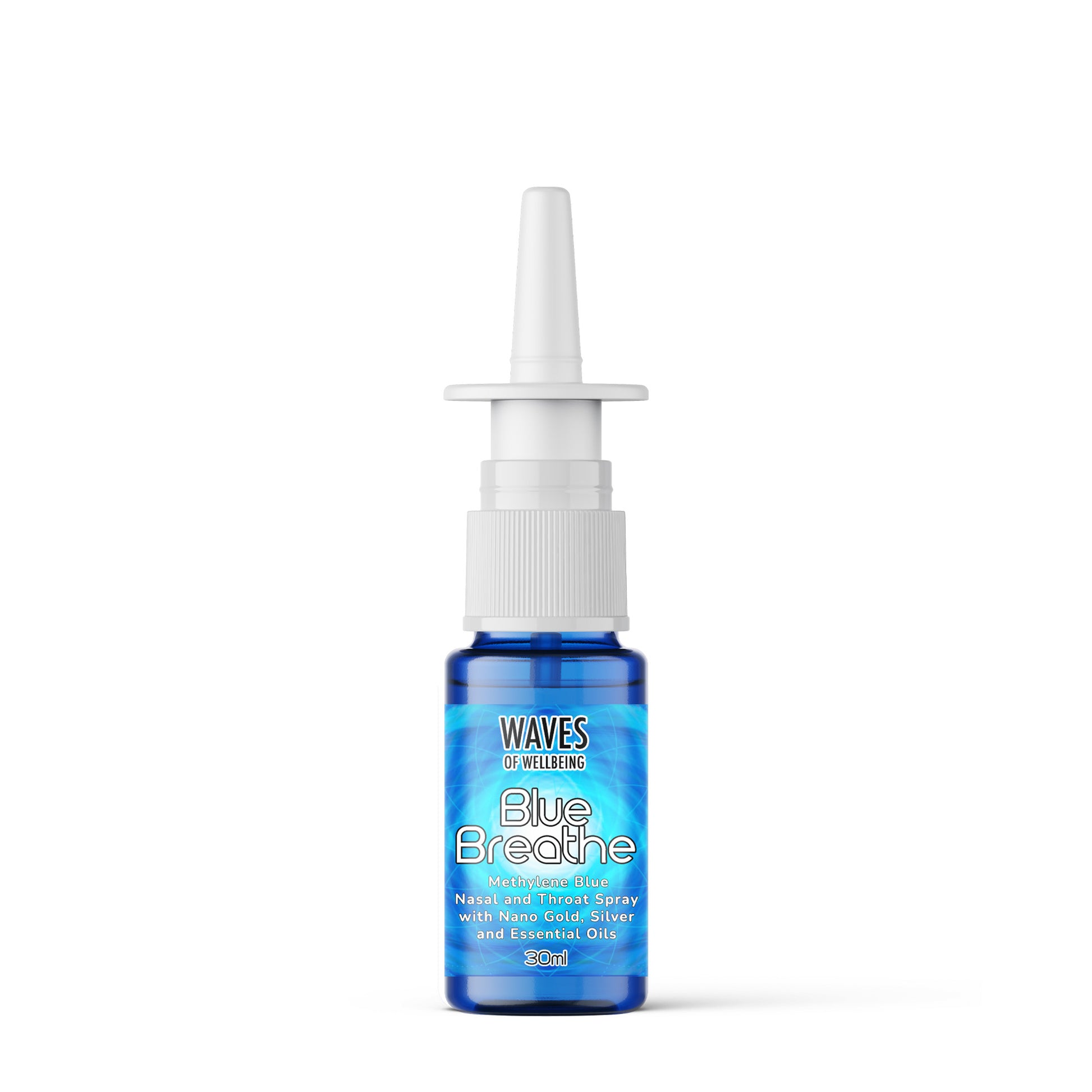 Blue Breathe nasal spray bottle on a white background Waves of Wellbeing