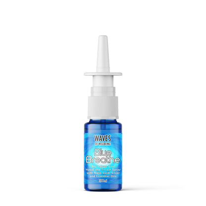 Blue Breathe nasal spray bottle on a white background Waves of Wellbeing