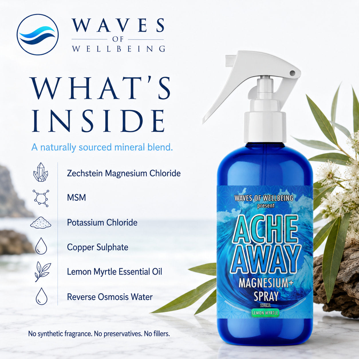 Ache Away Lemon Myrtle ingredients including Zechstein magnesium chloride, MSM and lemon myrtle essential oil