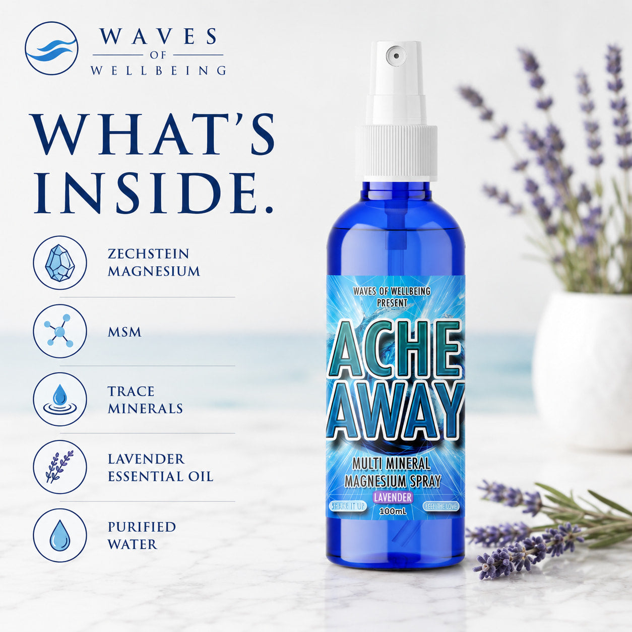 Waves of Wellbeing Ache Away 100ml Lavender — Zechstein magnesium, MSM, trace minerals, lavender essential oil, purified water