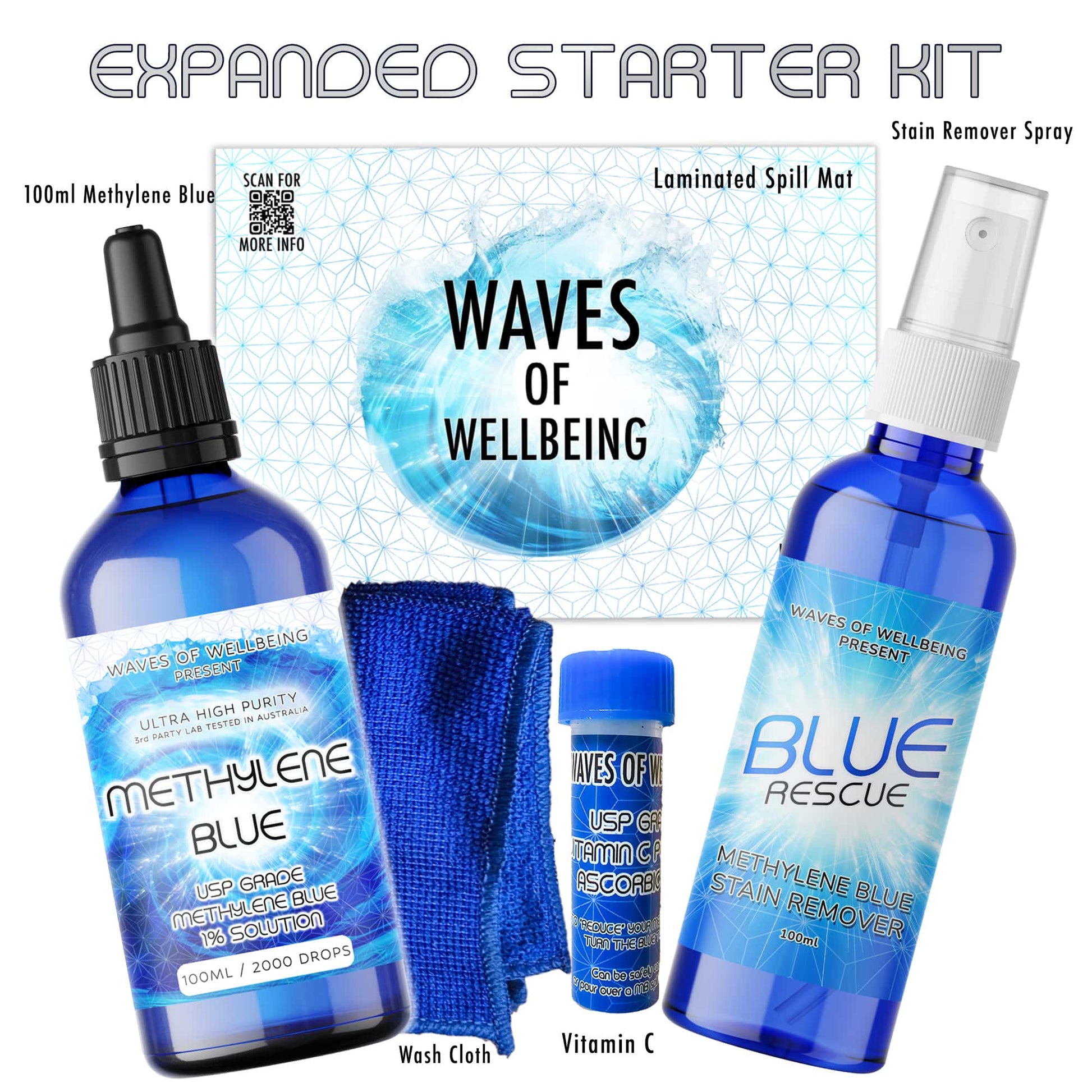 Expanded starter kit with bottles labeled 'Methylen Blue' and 'Blue Rescue' on a white background.