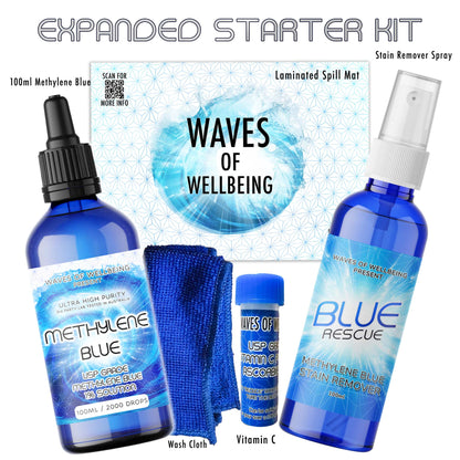 Expanded starter kit with bottles labeled 'Methylen Blue' and 'Blue Rescue' on a white background.