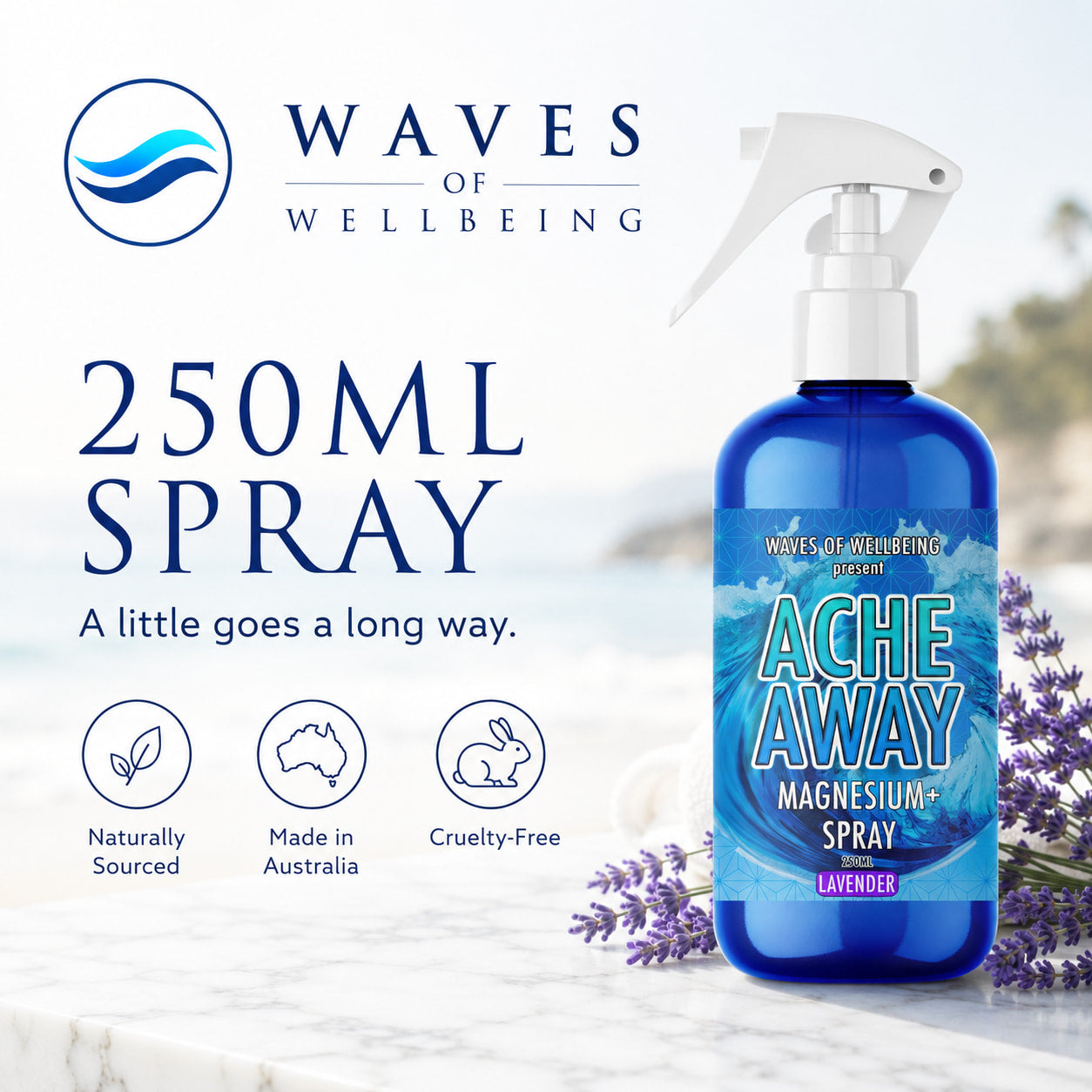 Waves of Wellbeing Ache Away Lavender 250ml magnesium spray, naturally sourced