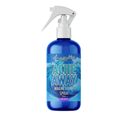 Blue spray bottle labeled 'Ache Away Magnesium Spray' on a white background Waves of Wellbeing
