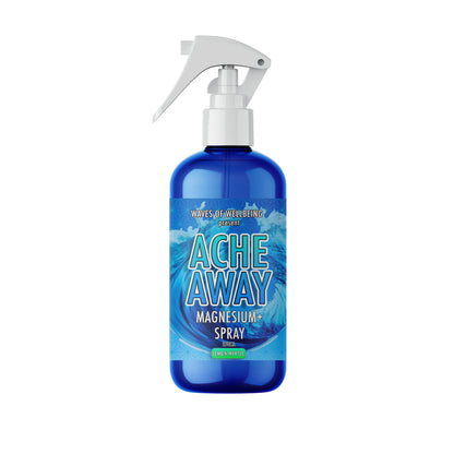 Blue spray bottle labeled 'Ache Away Magnesium Spray' on a white background Waves of Wellbeing
