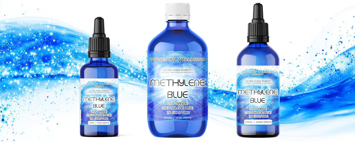 Three bottles of Methylene Blue with a blue and white background