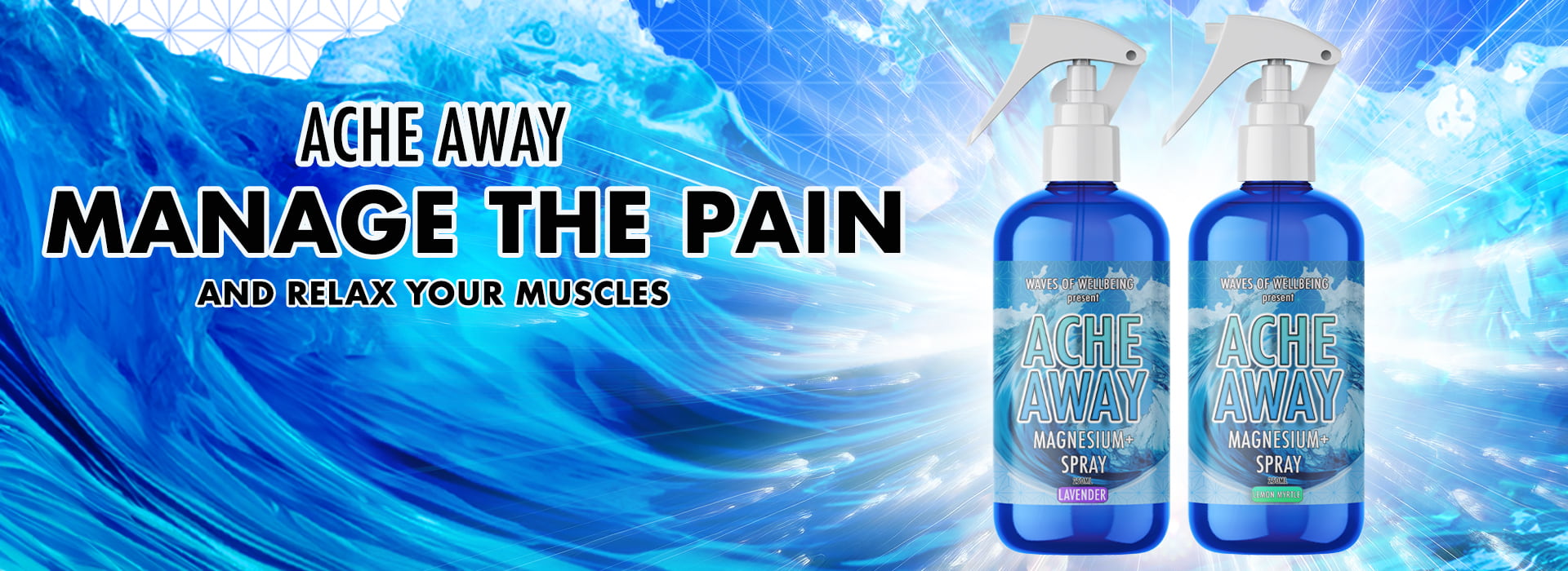 che Away Magnesium Spray bottles in Lavender and Lemon Myrtle with bold text “Manage the Pain and Relax Your Muscles” over blue water background