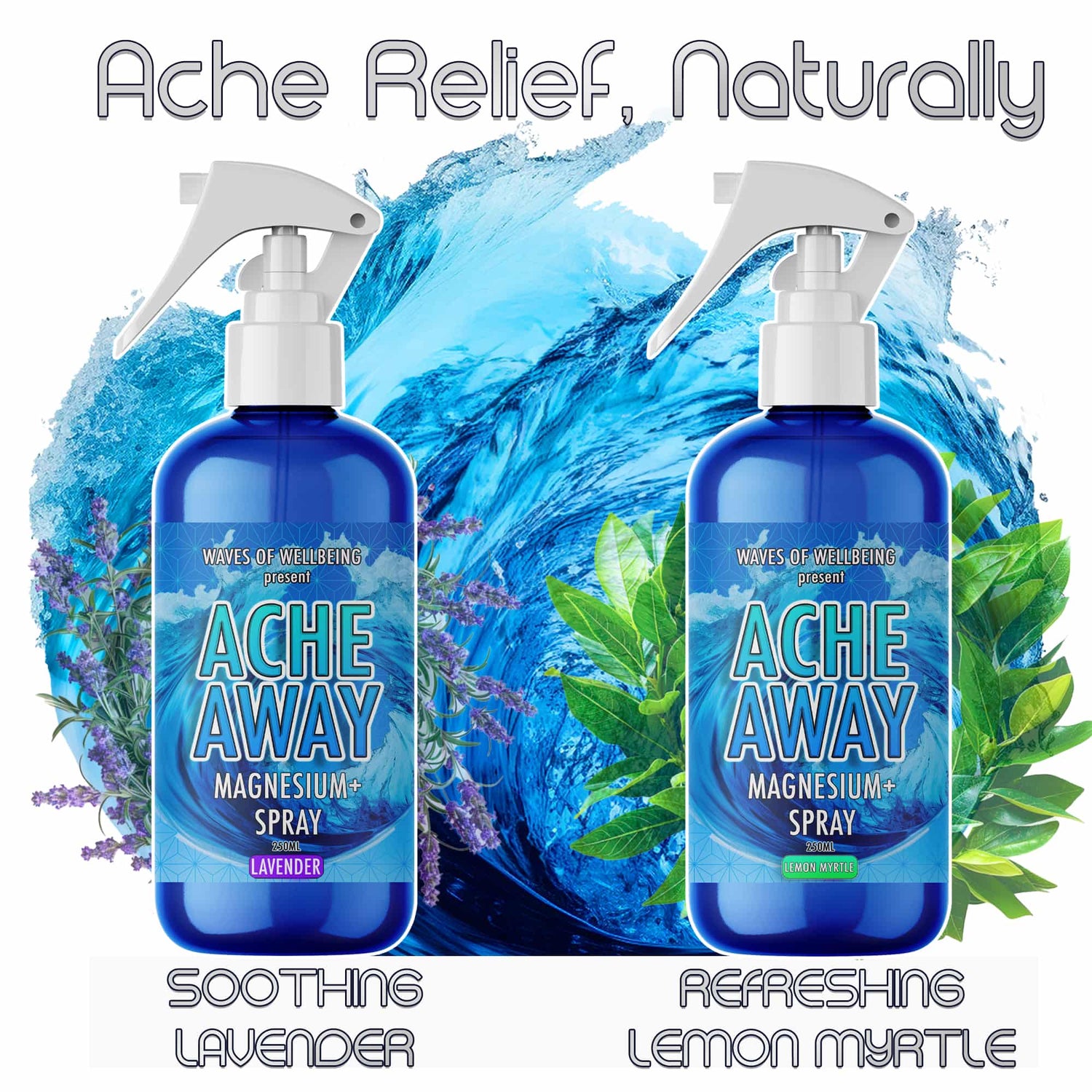 Ache Away Magnesium+ Spray in Soothing Lavender and Refreshing Lemon Myrtle. Natural muscle and joint relief with a botanical touch. Waves of Wellbeing product banner