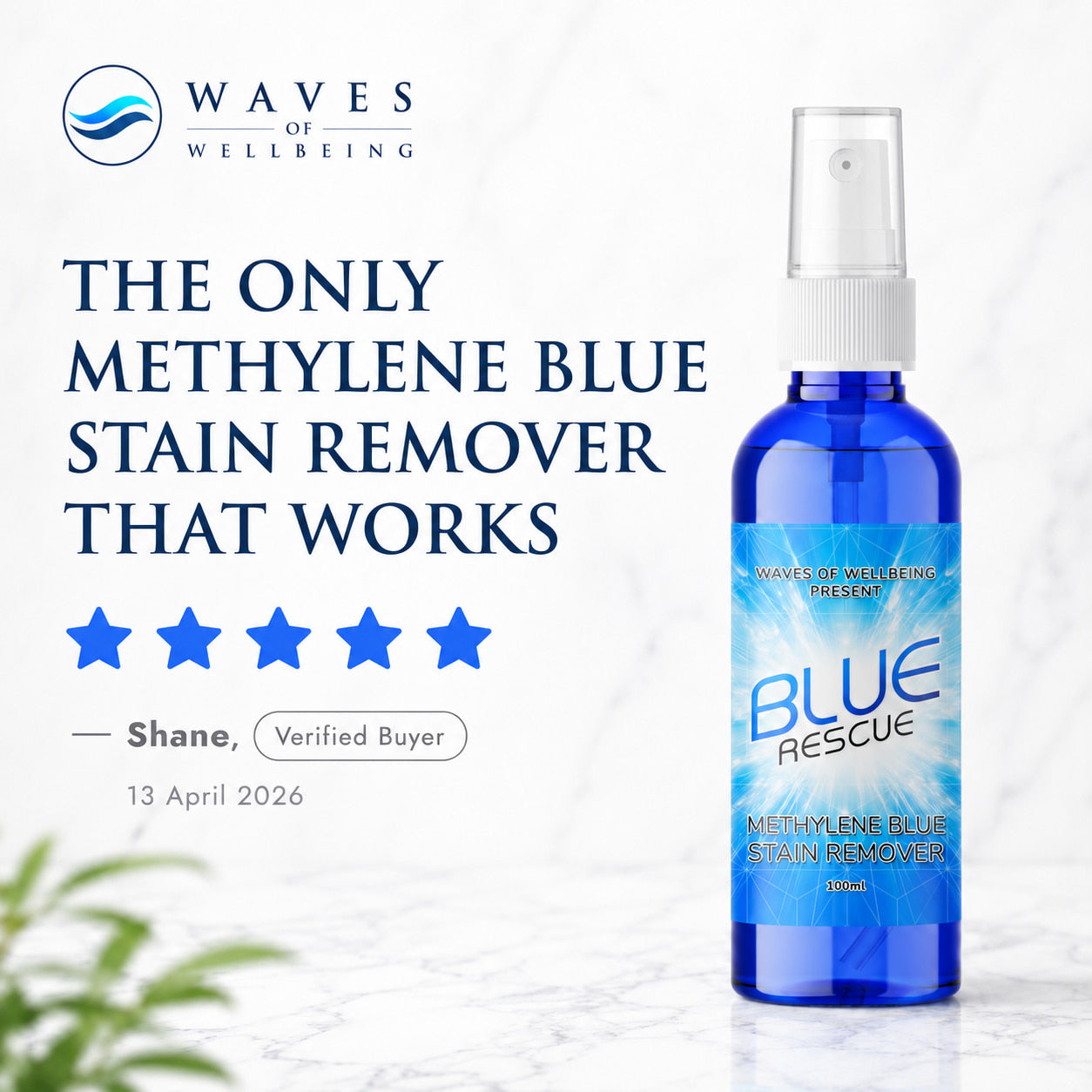 Blue bottle of 'Blue Rescue' methylene blue stain remover with branding and product details on a white background.