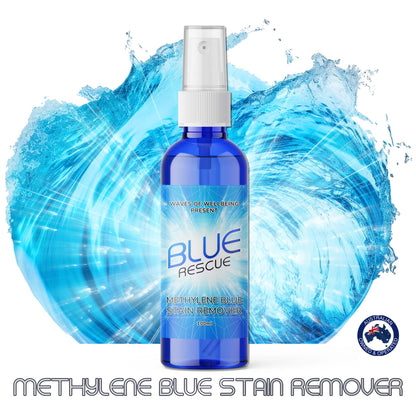 Front view of Blue Rescue Methylene Blue Stain Remover bottle, 100ml by Waves of Wellbeing.