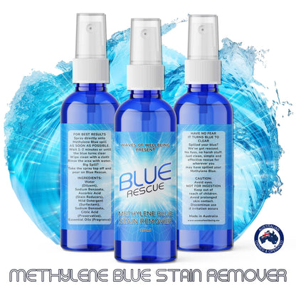 Three bottles of Blue Rescue Methylene Blue Stain Remover shown from front and sides with ocean wave background, highlighting label details.