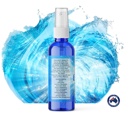 Side view of Blue Rescue bottle showing ingredients and usage instructions for Methylene Blue stain removal.