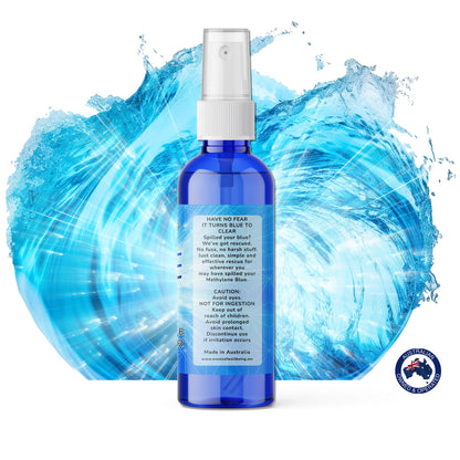 Side label of Blue Rescue Methylene Blue Stain Remover with caution text and product tagline: “It turns blue to clear.”

