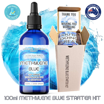 Unboxed 100ml Methylene Blue Starter Kit with bottle and insert shown outside the packaging.