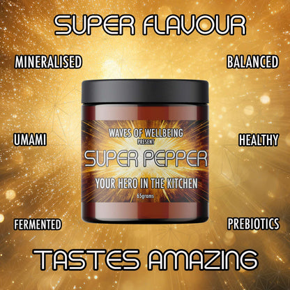SUPER PEPPER spice blend featuring taste highlights and key mineral benefits.